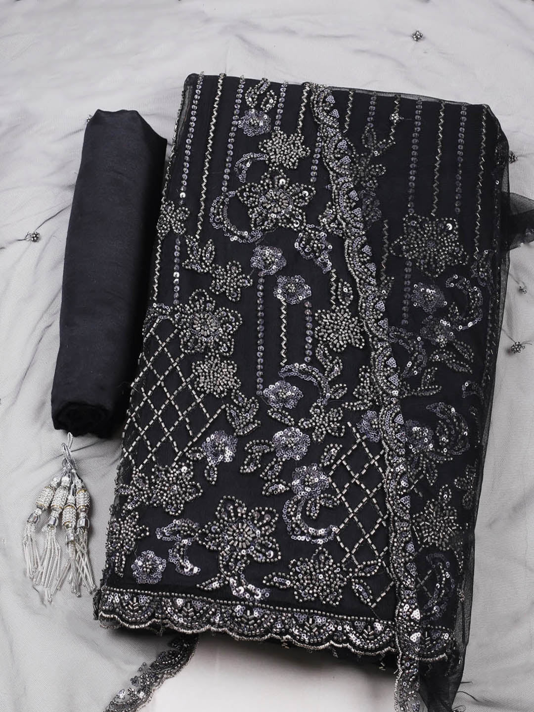 Embroidered Net Unstitched Suit With Pant &amp; Dupatta