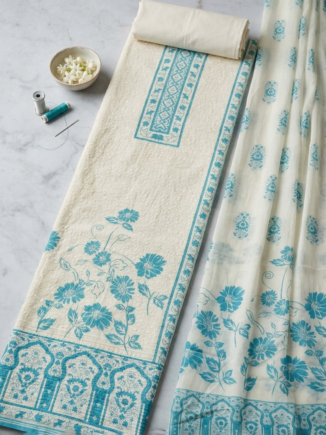 Printed Cotton Blend Unstitched Suit With Pant &amp; Dupatta
