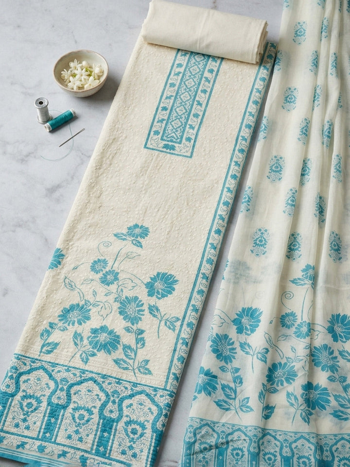 Printed Cotton Blend Unstitched Suit With Pant &amp; Dupatta
