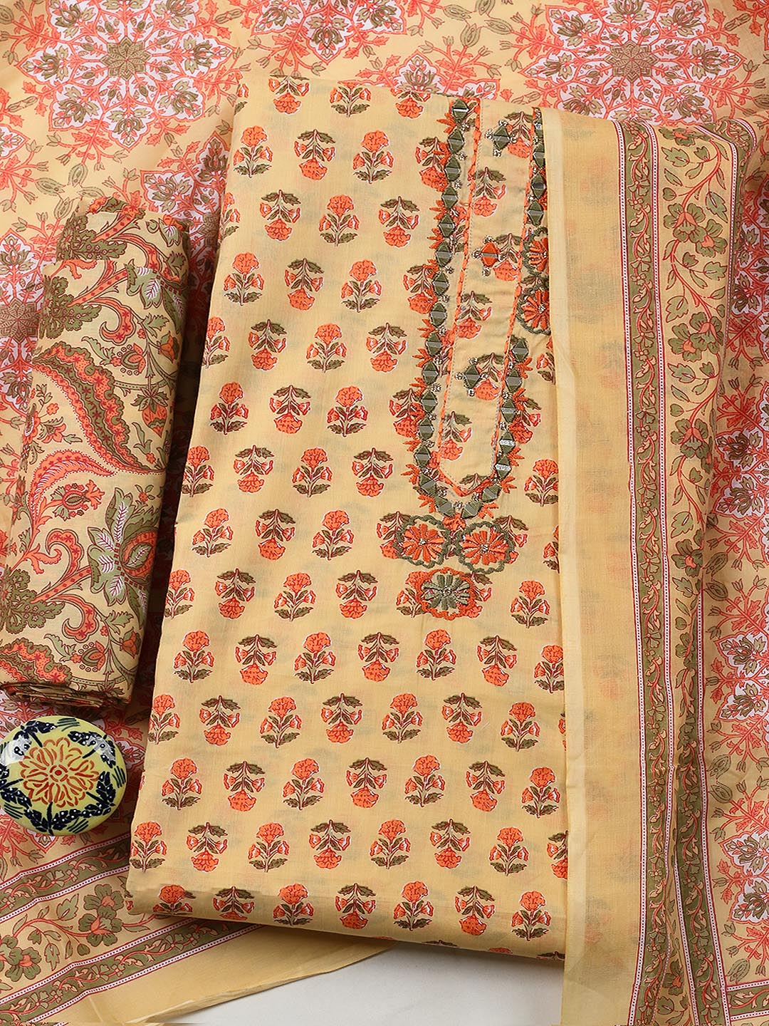 Embellished Cotton Blend Unstitched Suit With Pant &amp; Dupatta
