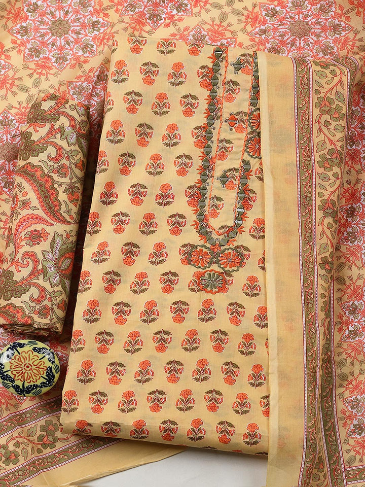 Embellished Cotton Blend Unstitched Suit With Pant &amp; Dupatta