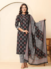 Printed Cotton Blend Kurta With Pants & Dupatta