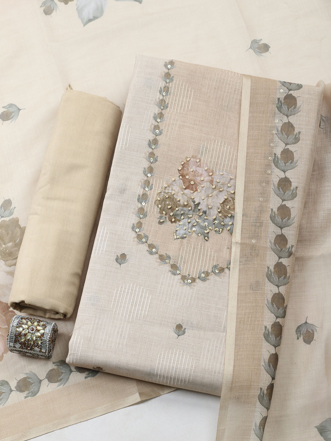 Embroidered Linen Blend Unstitched Suit With Pant Dupatta