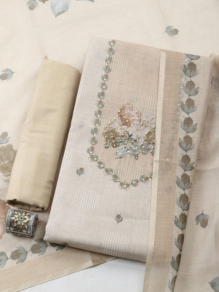 Embroidered Linen Blend Unstitched Suit With Pant Dupatta