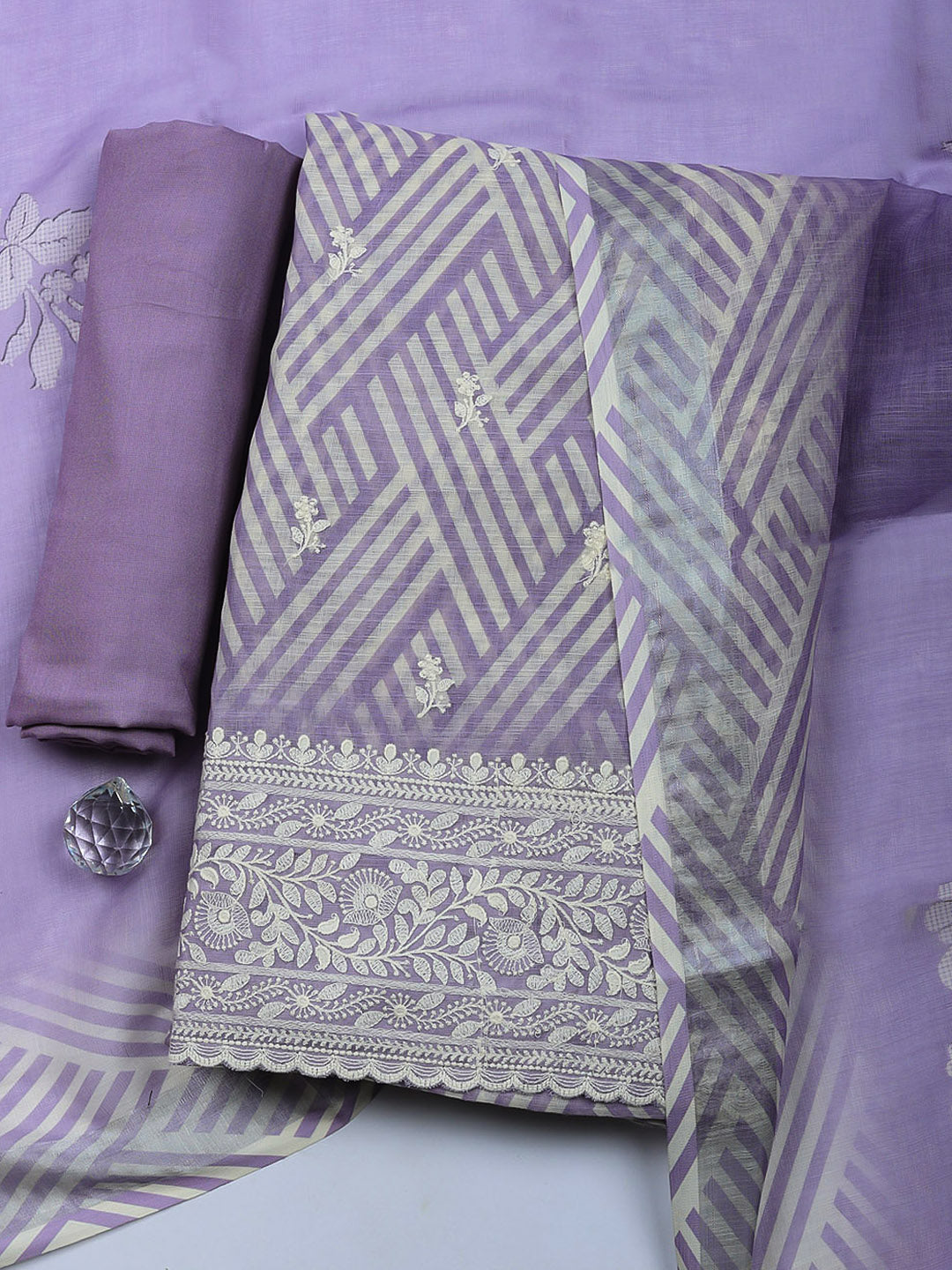 Embroidered Linen Blend Unstitched Suit With Pant &amp; Dupatta