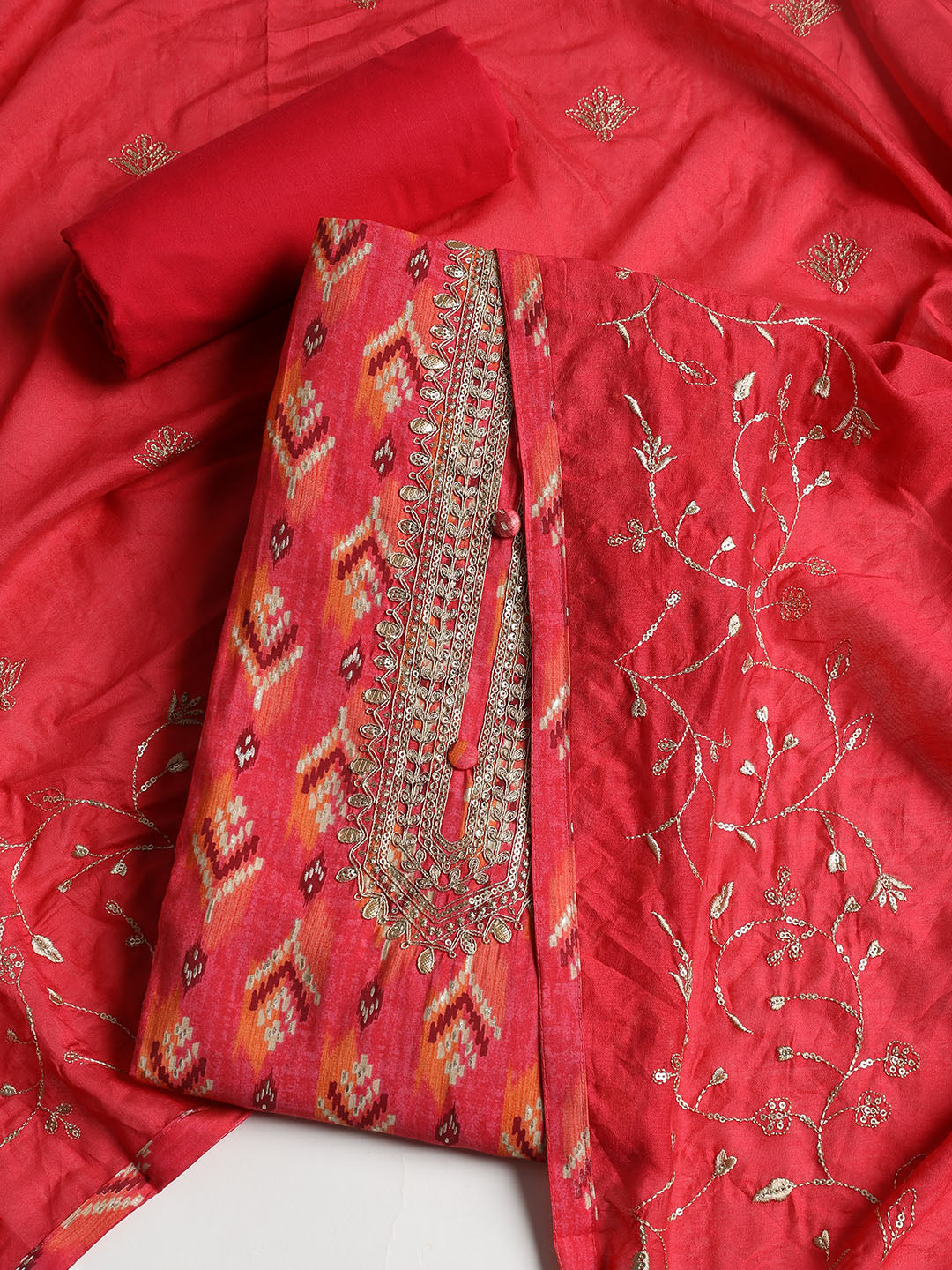 Gota Neck Cotton Blend Unstitched Suit With Dupatta