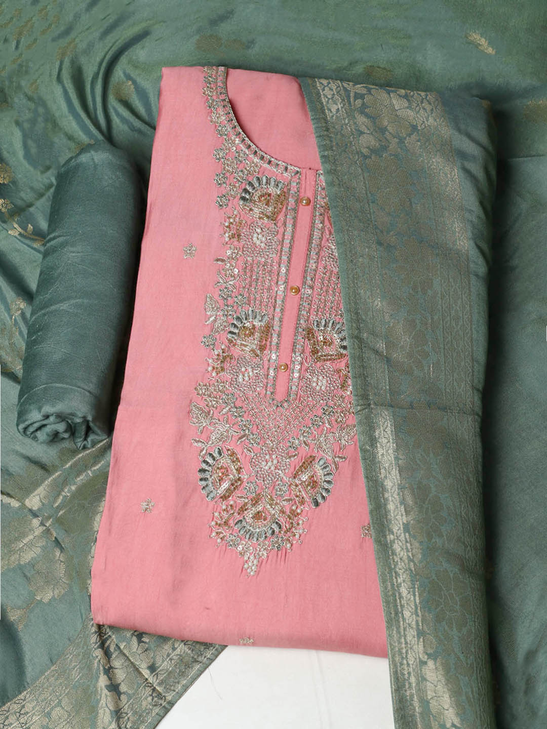 Embroidered Chanderi Unstitched Suit With Pant &amp; Dupatta