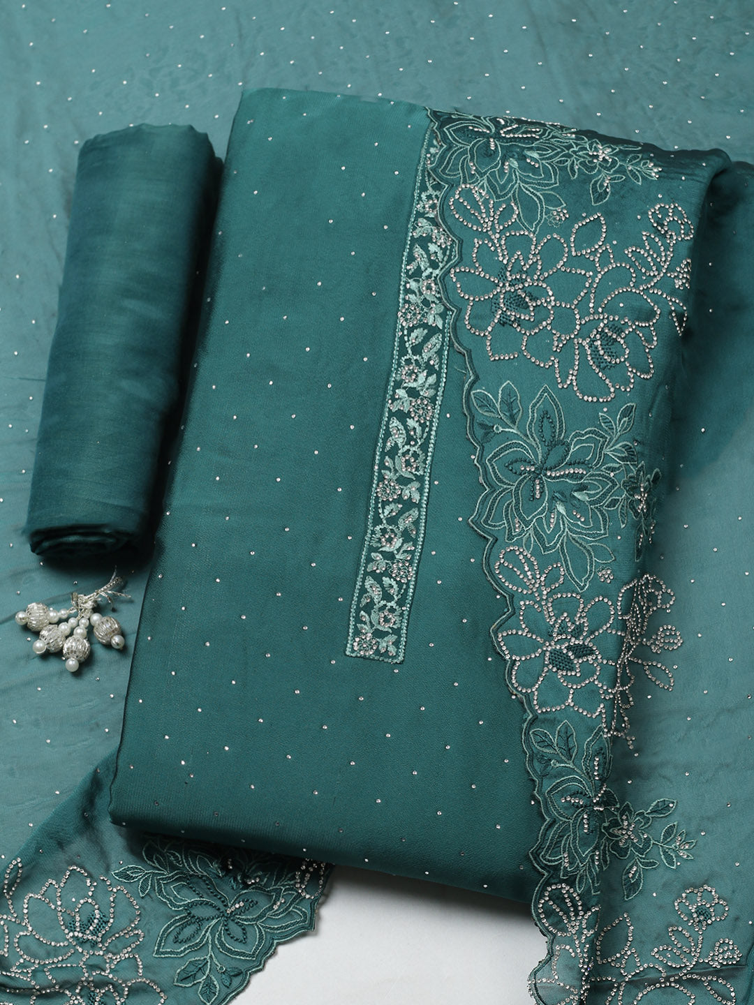 Embellished Art Silk Unstitched Suit With Pant &amp; Dupatta