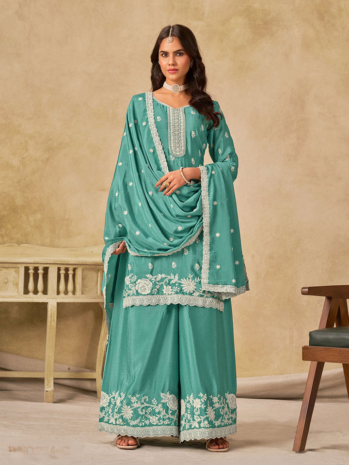 Embroidered Chinnon Semi Stitched Kurta With Plazzo &amp; Dupatta