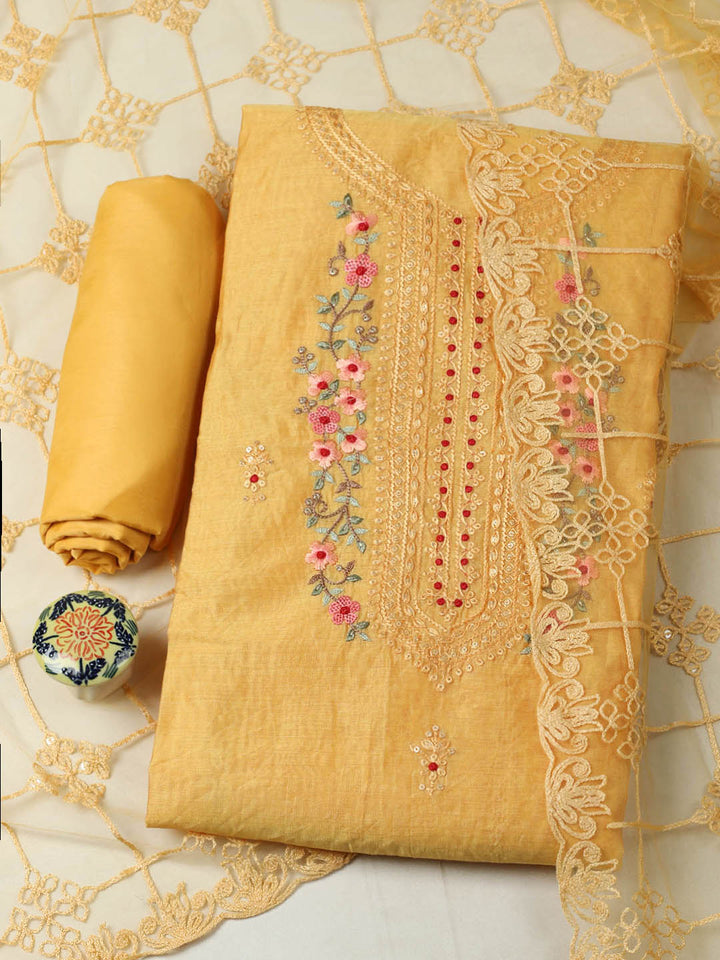 Embroidered Chanderi Unstitched Suit With Pant &amp; Dupatta
