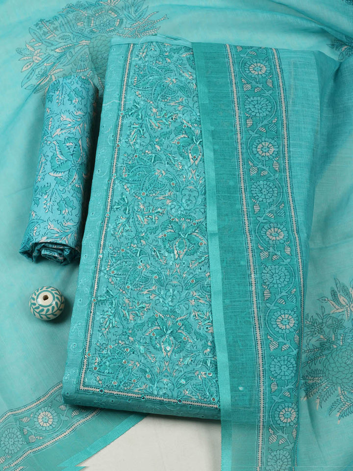 Embroidered Chanderi Unstitched Suit With Pant &amp; Dupatta
