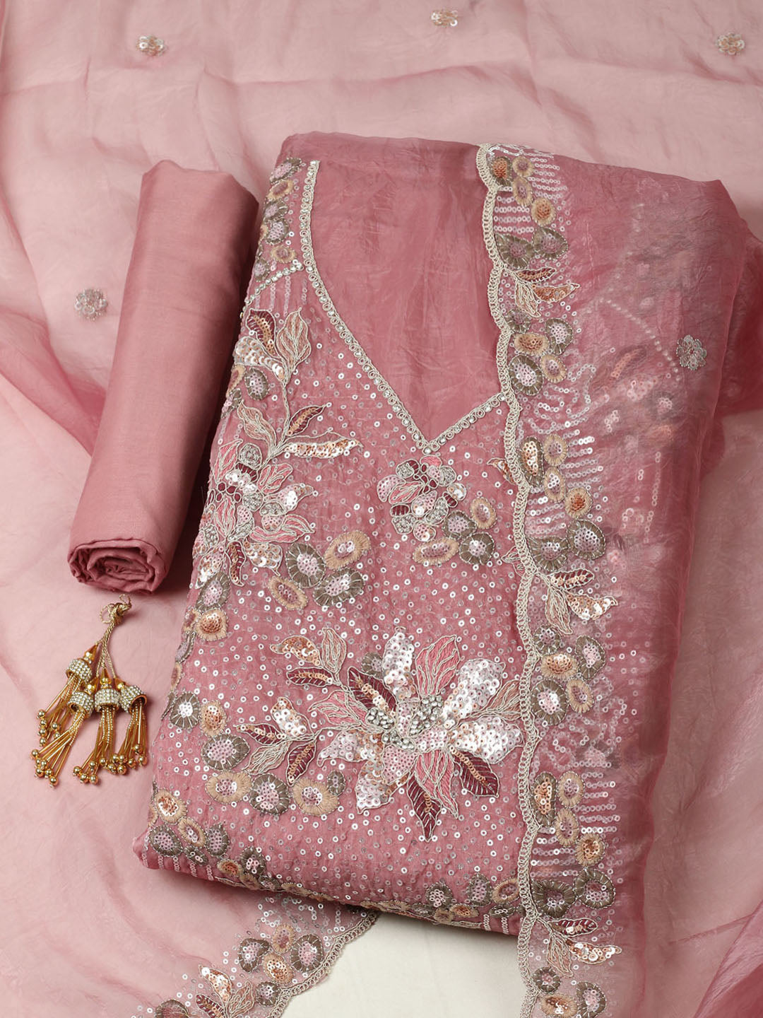 Embroidered Organza Unstitched Suit With Pant &amp; Dupatta