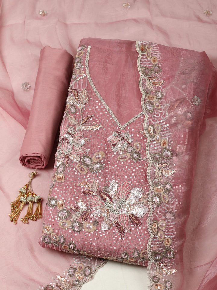 Embroidered Organza Unstitched Suit With Pant &amp; Dupatta