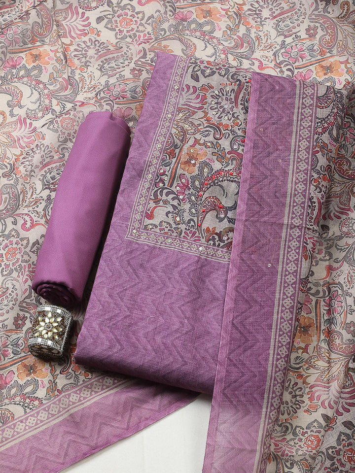 Embroidered Chanderi Unstitched Suit With Pant &amp; Dupatta