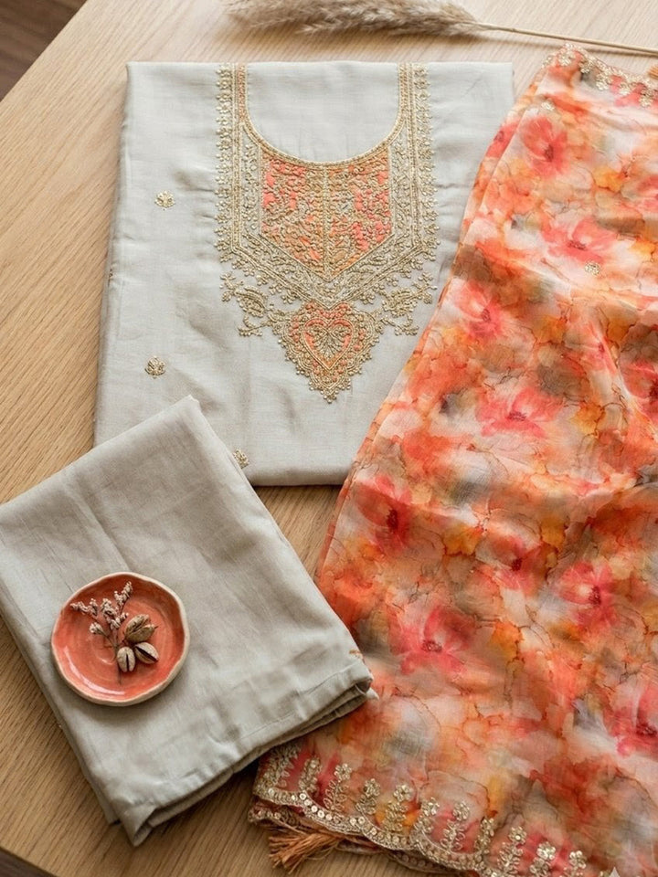 Embroidered Chanderi Unstitched Suit With Pant &amp; Dupatta
