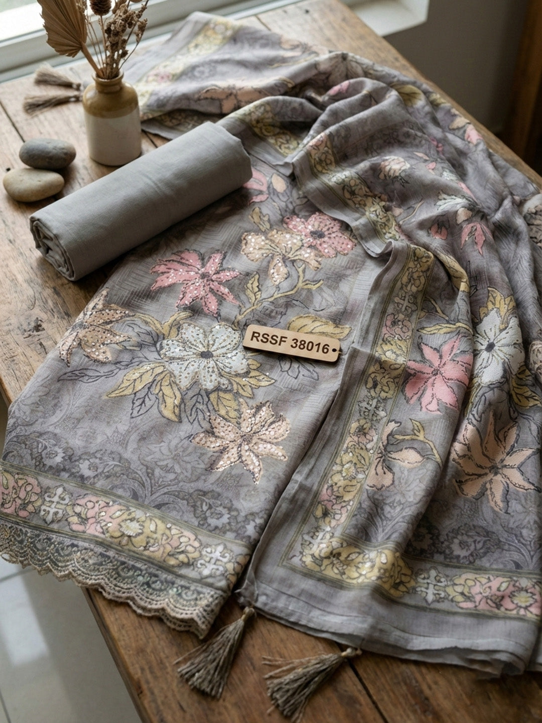 Embroidered Muslin Unstitched Suit With Pant &amp; Dupatta