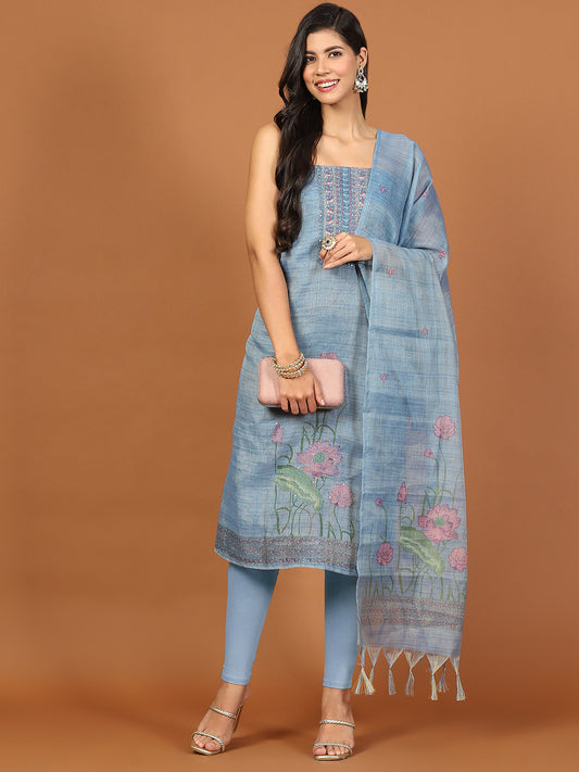 Printed Cotton Blend Unstitched Suit With Dupatta