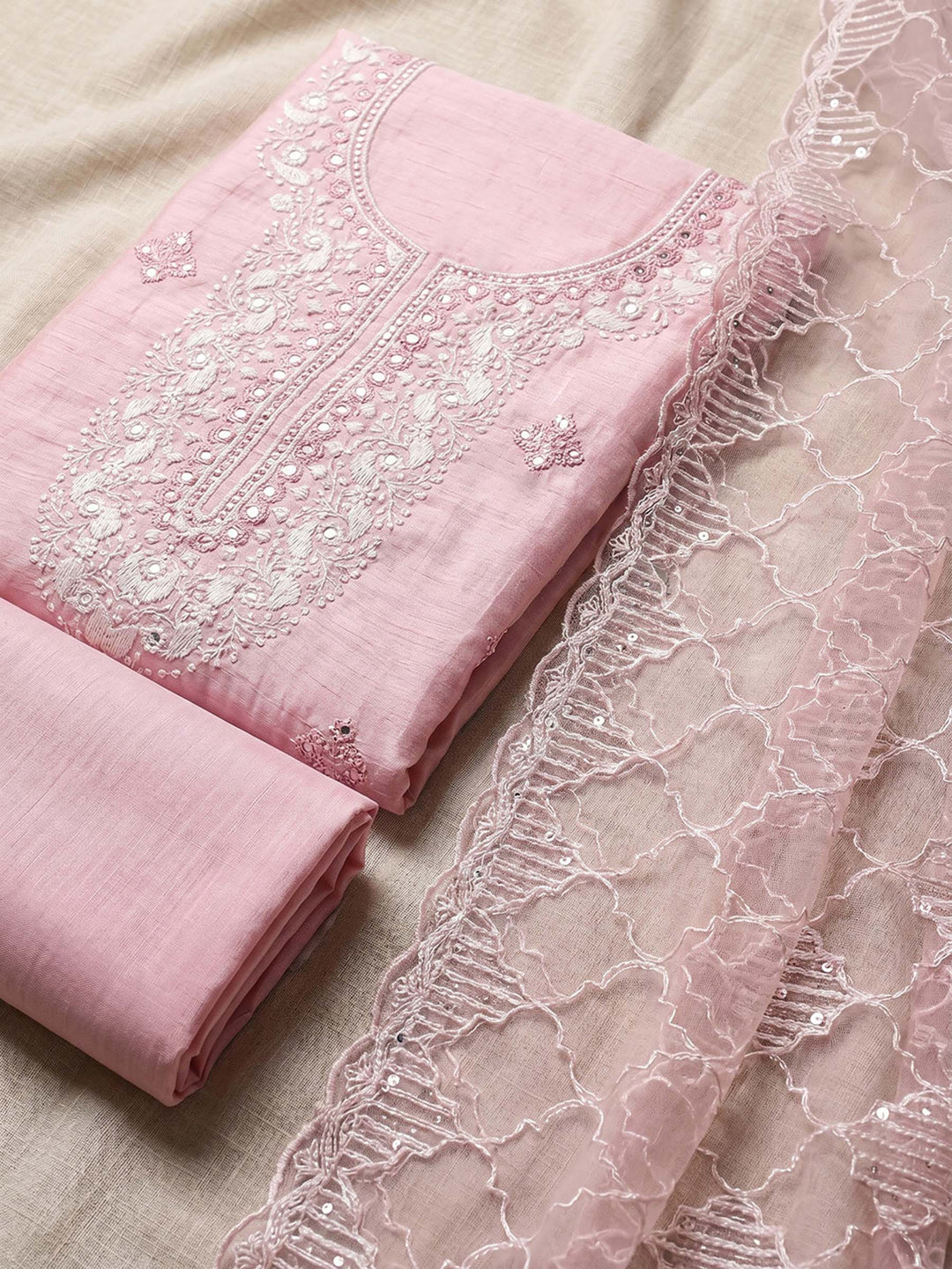 Neck Embroidered Chanderi Unstitched Suit With Dupatta