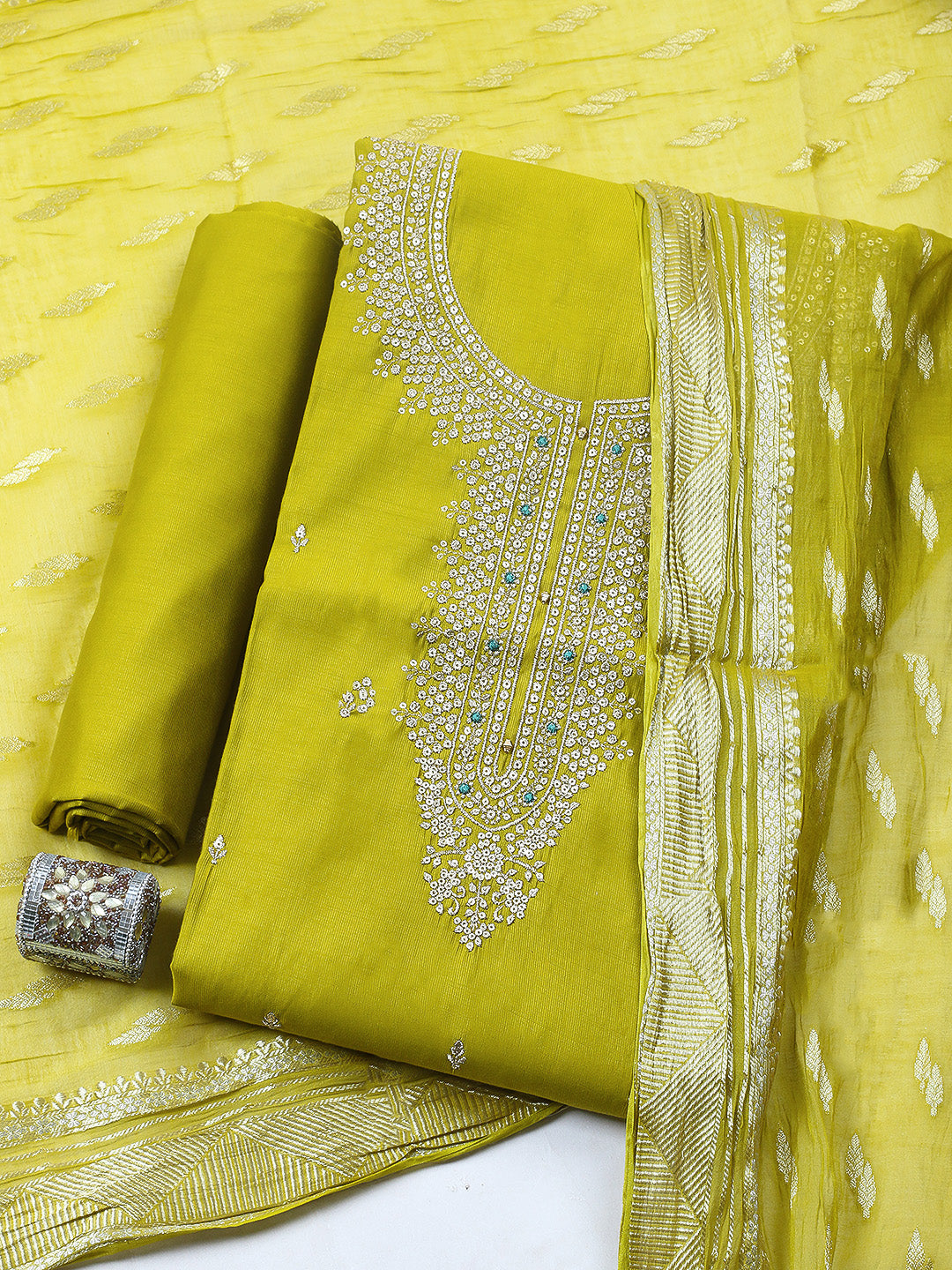 Embroidered Chanderi Unstitched Suit With Pant &amp; Dupatta