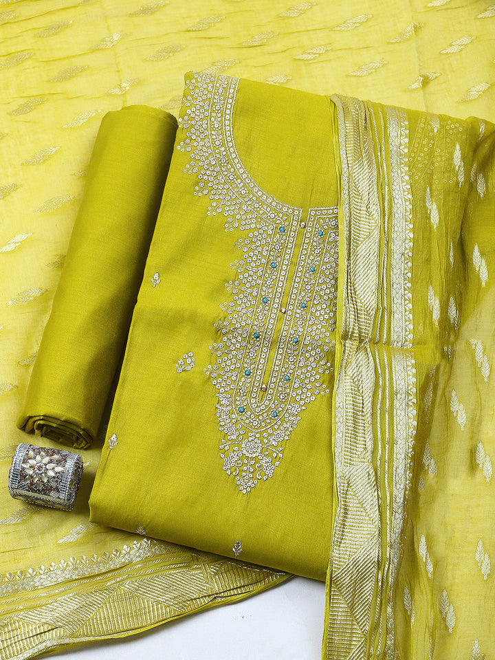 Embroidered Chanderi Unstitched Suit With Pant &amp; Dupatta