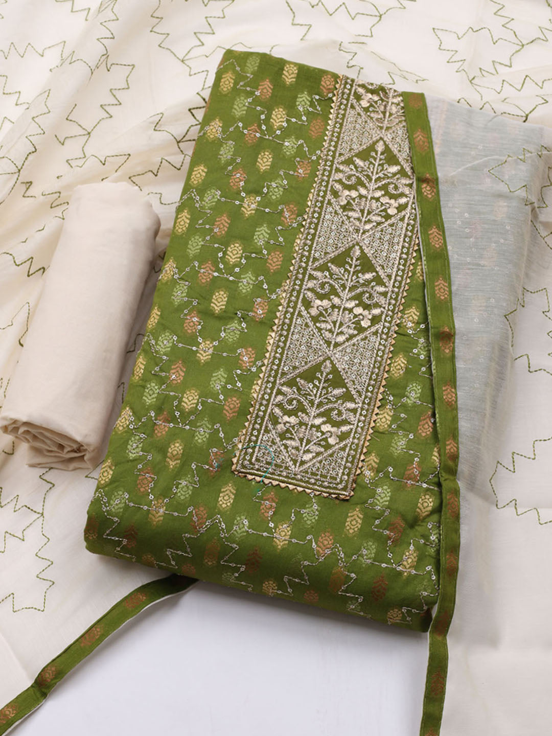 Neck Embroidered Cotton Blend Unstitched Suit With Dupatta