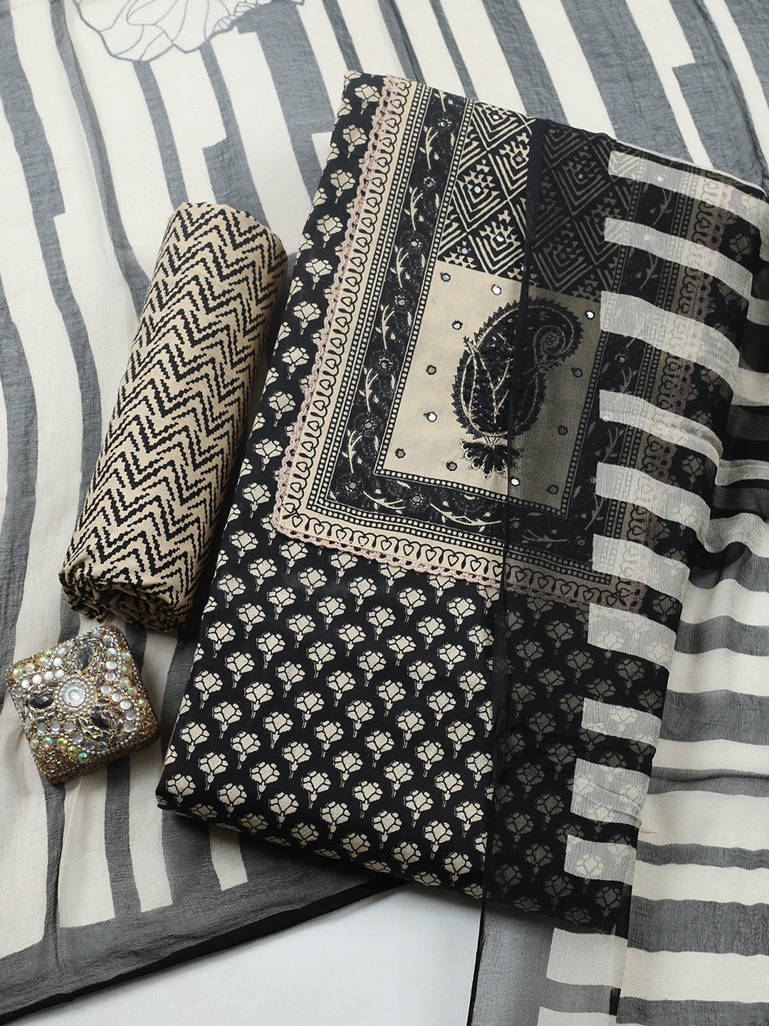 Embroidered Cotton Blend Unstitched Suit With Pant &amp; Dupatta