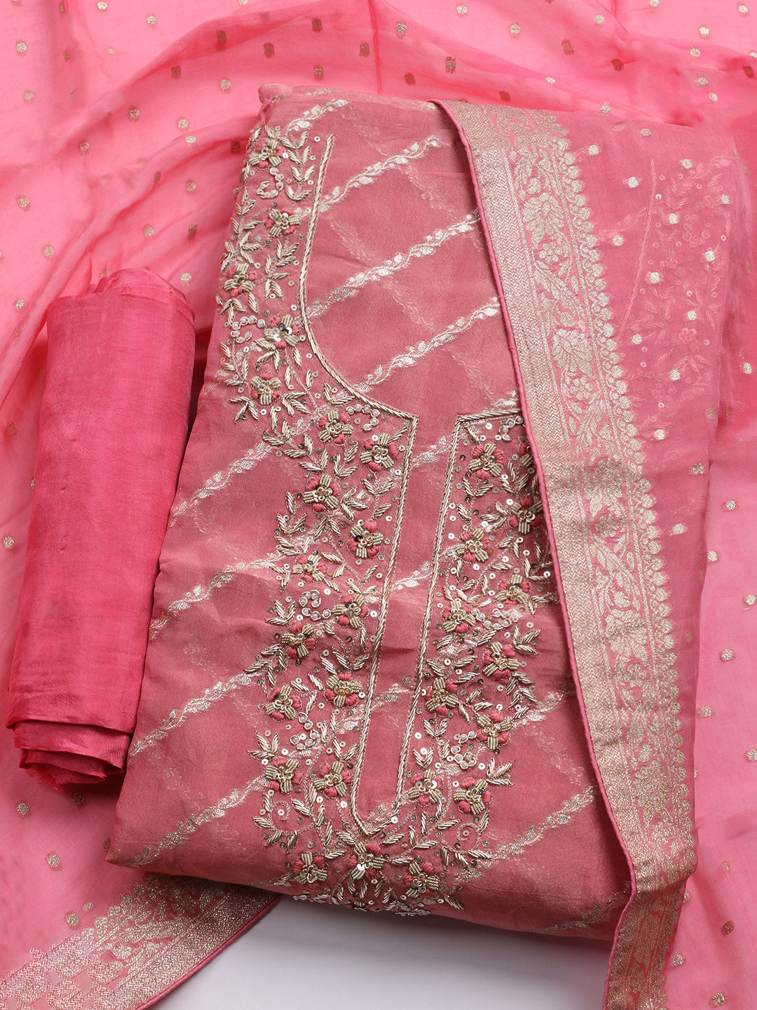 Embroidered Chanderi Unstitched Suit With Dupatta