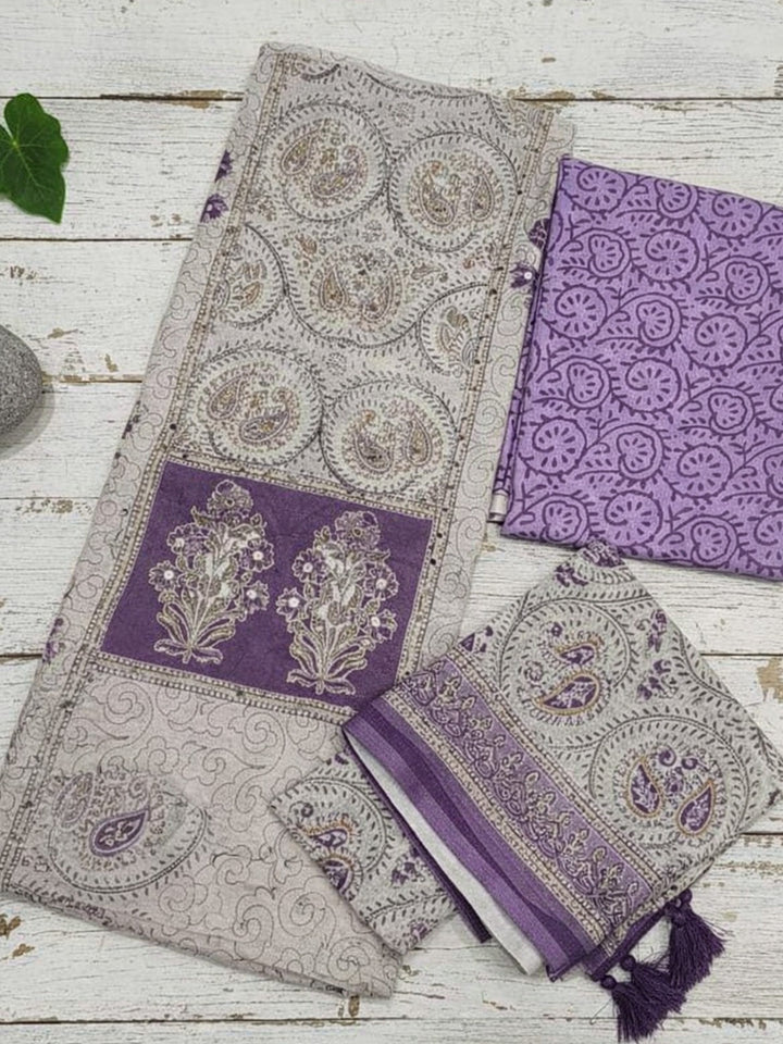 Printed Linen Blend Unstitched Suit With Pant &amp; Dupatta