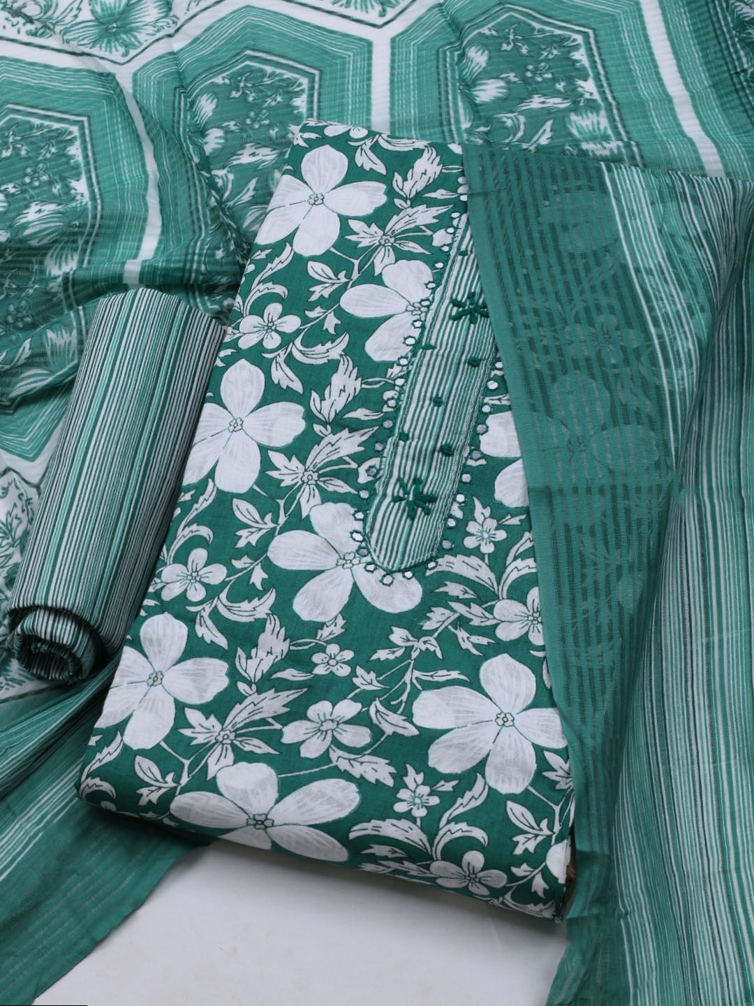 Floral Printed Cotton Blend Unstitched Suit With Dupatta