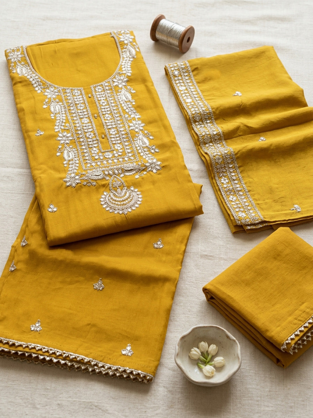 Embroidered Cotton Blend Unstitched Suit With Pant &amp; Dupatta