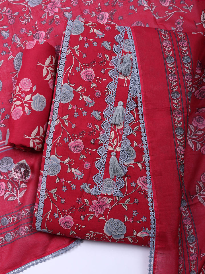 Embroidered Cotton Blend Unstitched Suit With Pant Dupatta