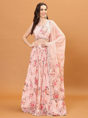 Floral Printed Chinon Choli With Skirt & Dapatta