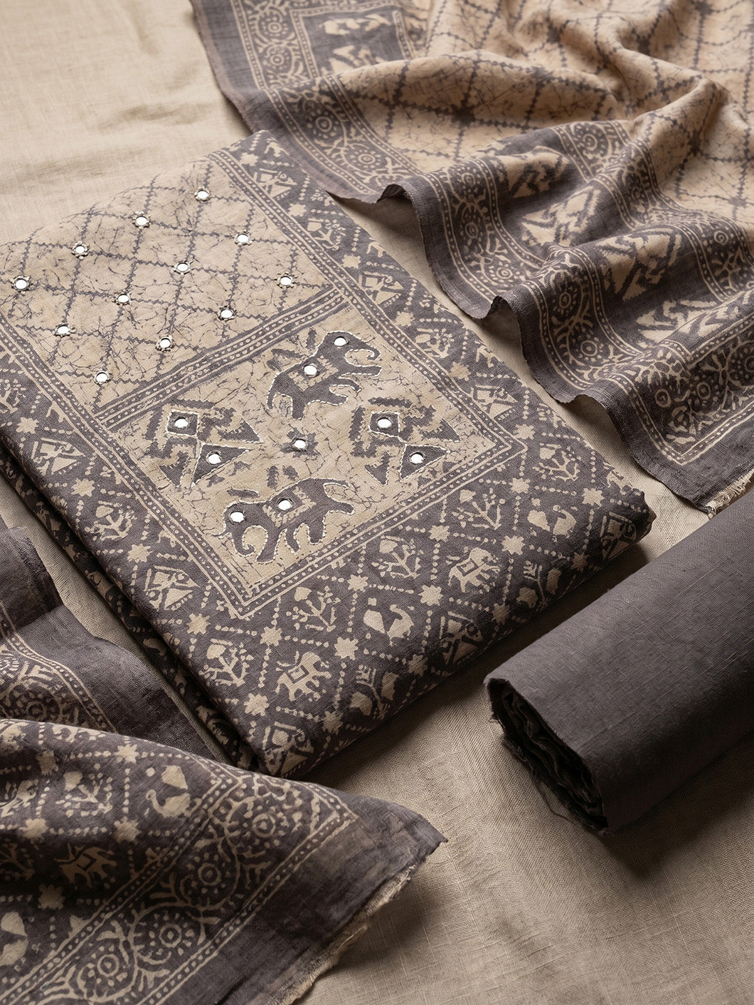 Printed Cotton Blend Unstitched Suit With Pant &amp; Dupatta