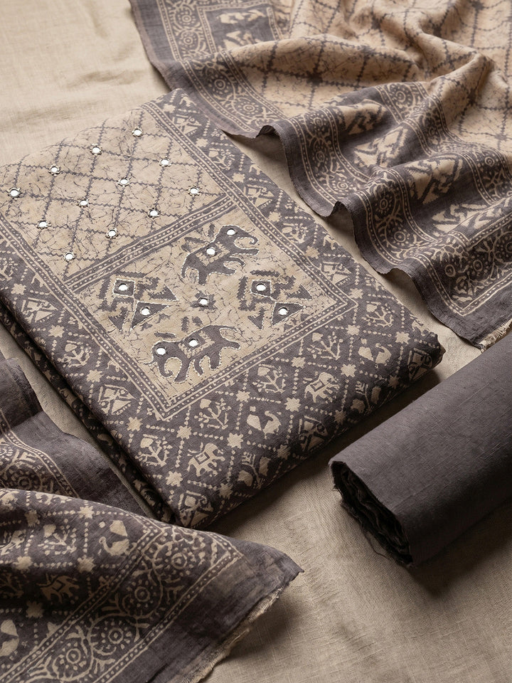 Printed Cotton Blend Unstitched Suit With Pant &amp; Dupatta