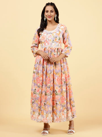 Floral Printed & Neck Embroidered Cotton Kurta