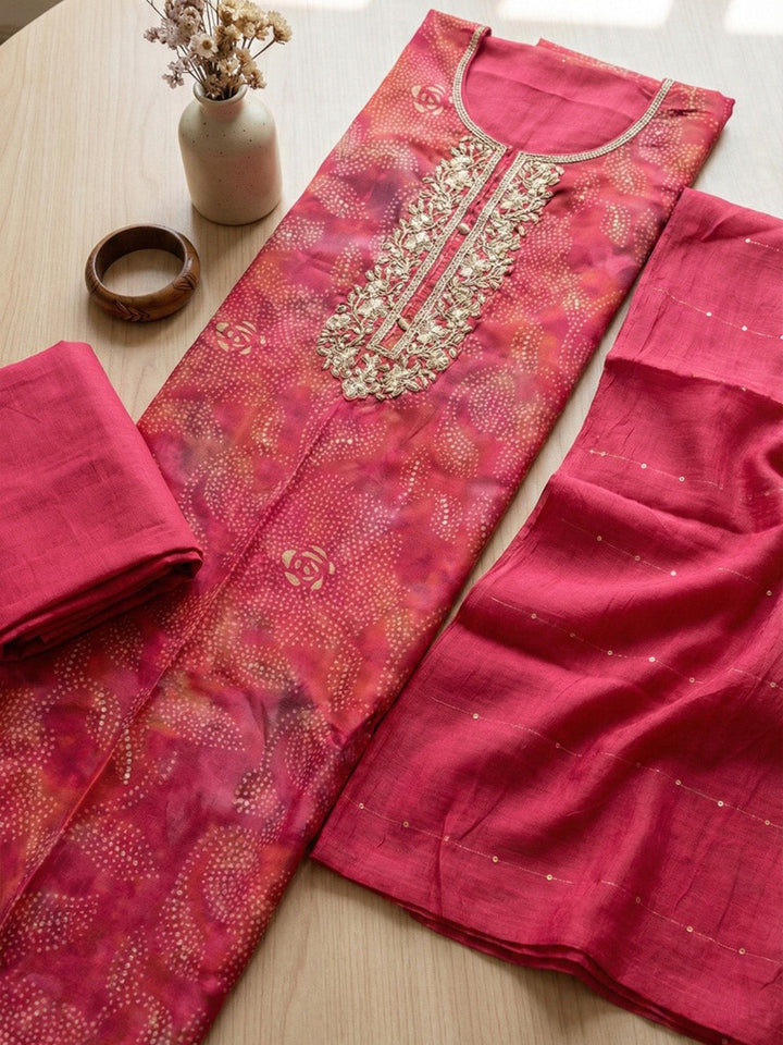 Embroidered Cotton Blend Unstitched Suit With Pant &amp; Dupatta