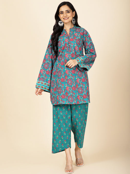 Floral Printed Cotton Kurti With Pants