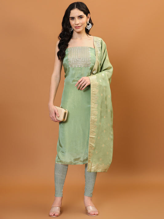 Neck Embroidered Chanderi Unstitched Suit Piece With Dupatta