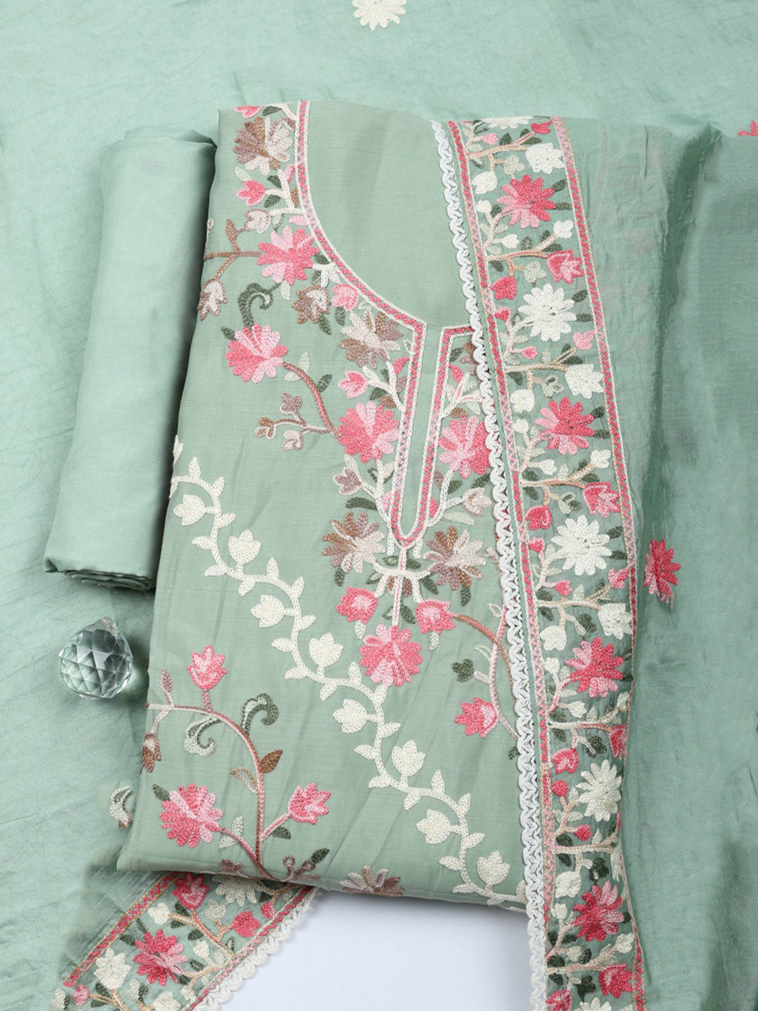 Embroidered Chanderi Unstitched Suit With Pant &amp; Dupatta