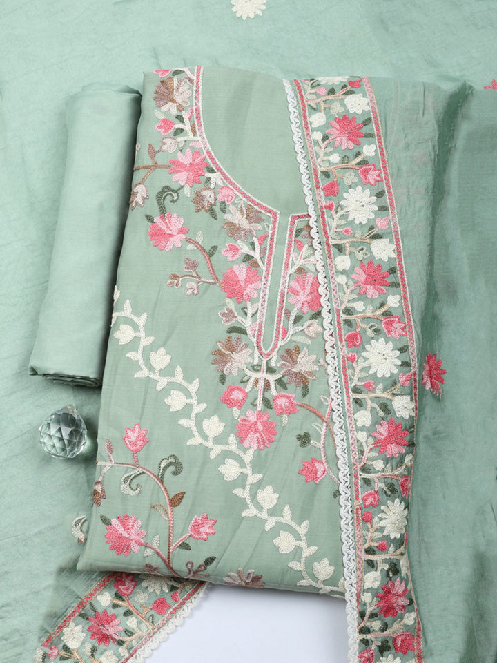 Embroidered Chanderi Unstitched Suit With Pant &amp; Dupatta