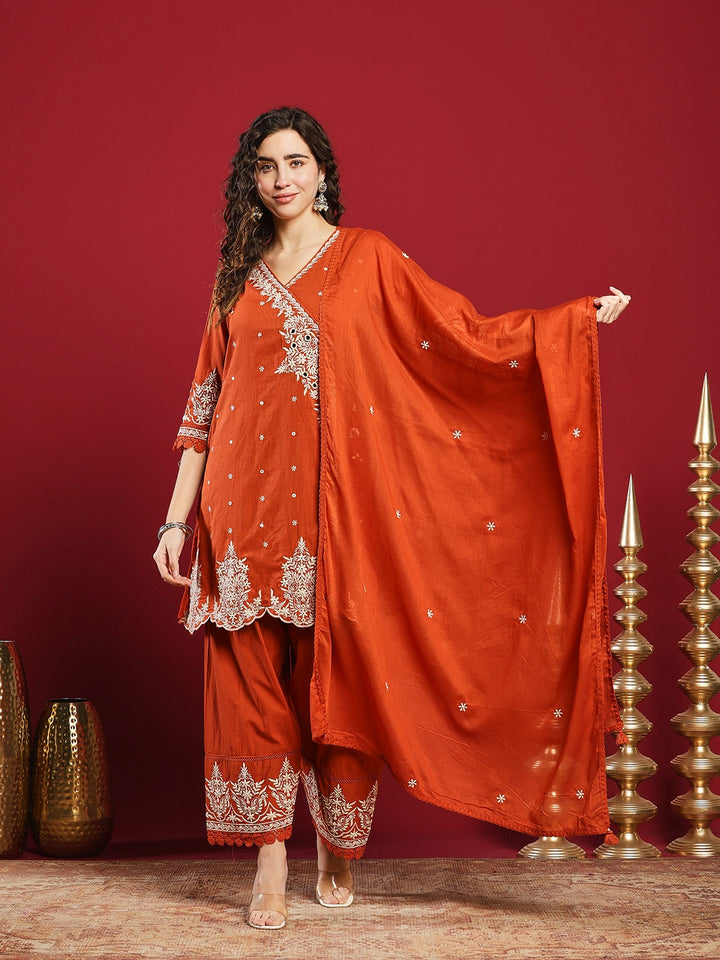 Embroidered Cotton Kurta With Pant &amp; Dupatta