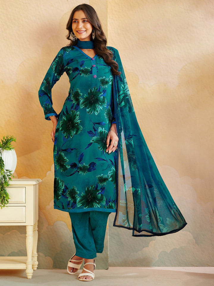 Printed Crepe Unstitched Suit With Pant &amp; Dupatta