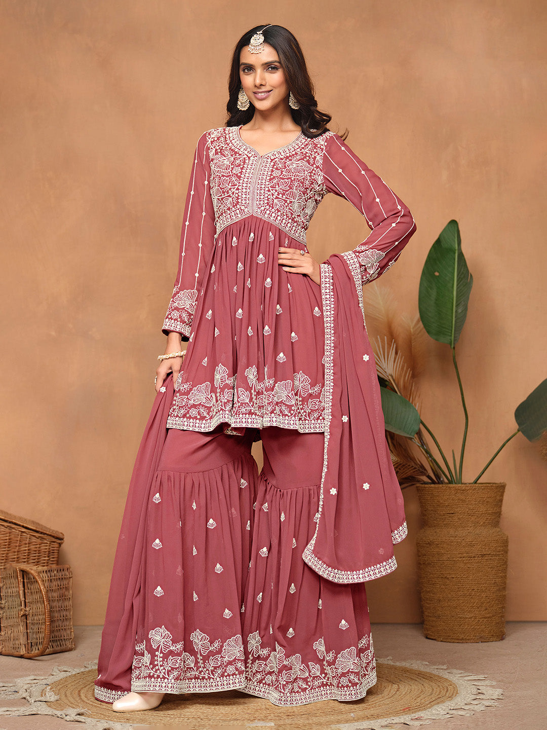 Embroidered Georgette Semi Stitched Kurta With Sharara &amp; Dupatta
