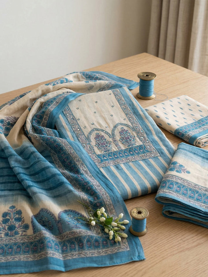 Printed Cotton Blend Unstitched Suit With Pant &amp; Dupatta
