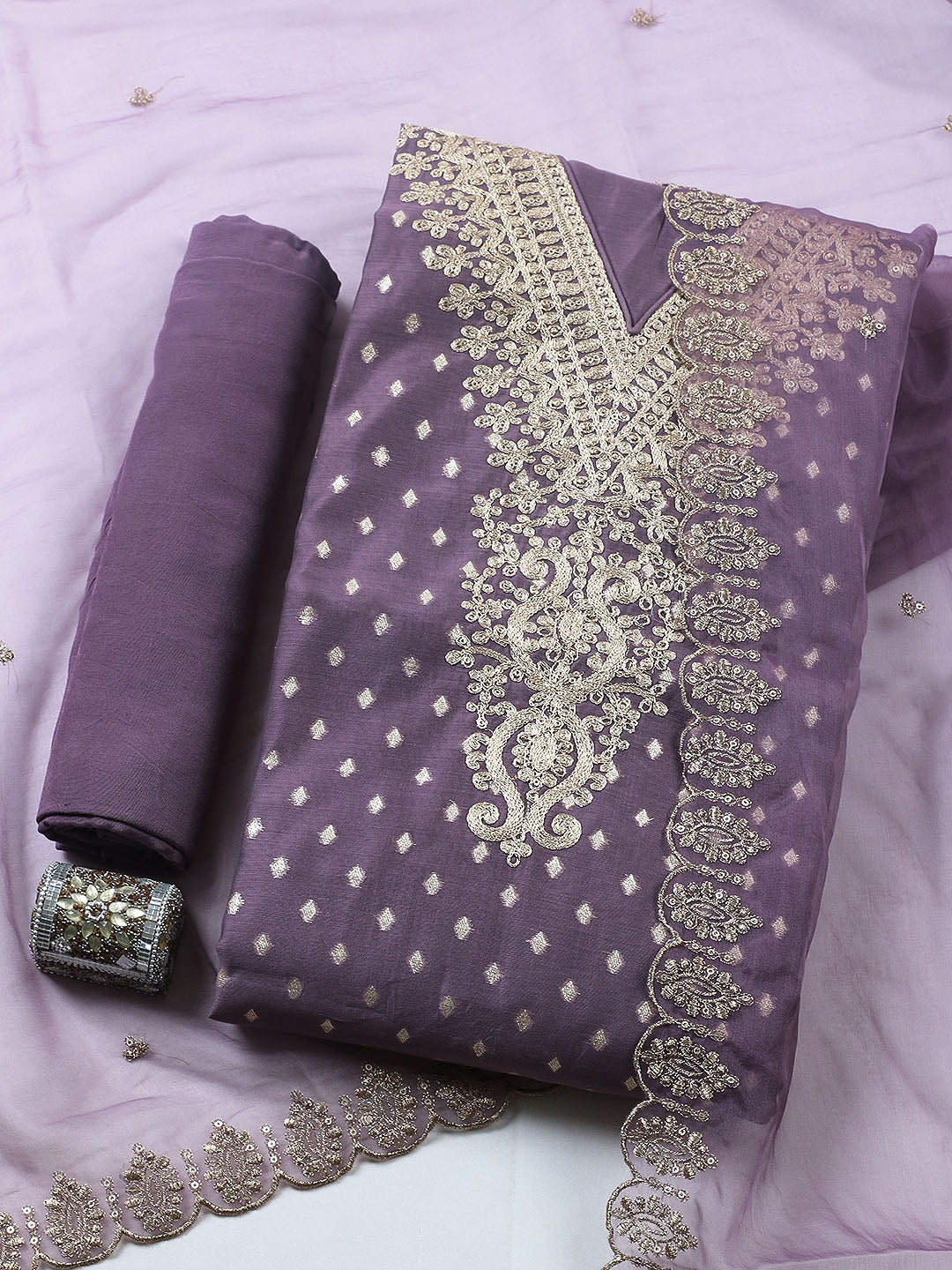 Embroidered Chanderi Unstitched Suit With Pant &amp; Dupatta