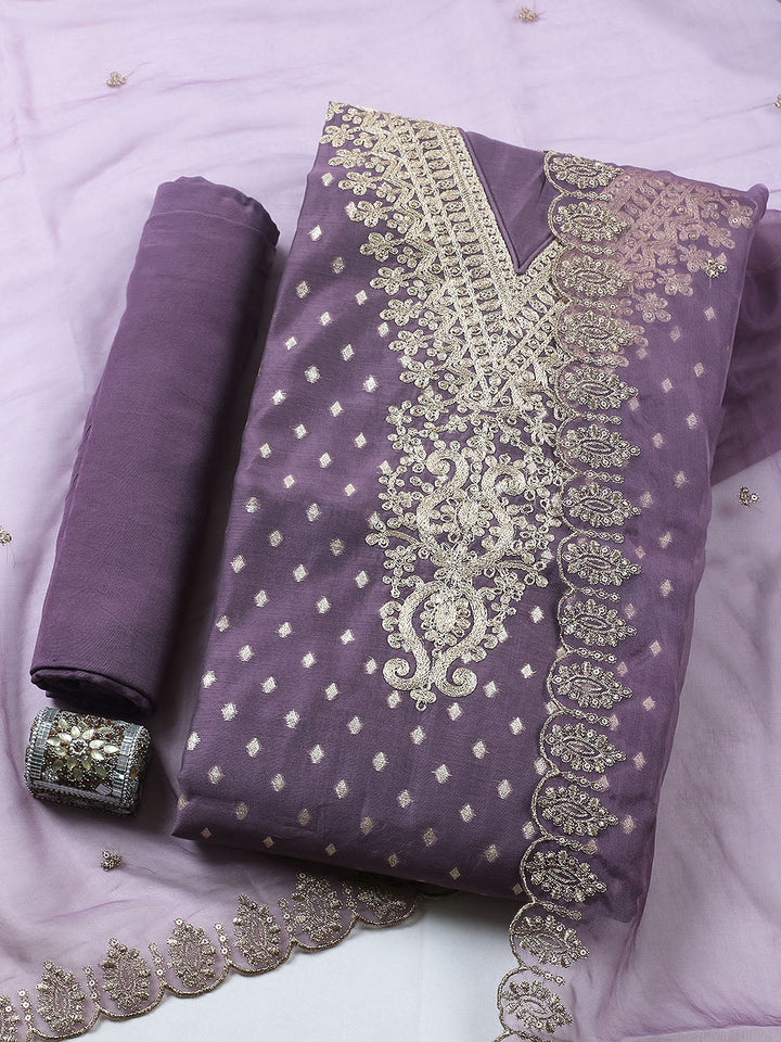 Embroidered Chanderi Unstitched Suit With Pant &amp; Dupatta
