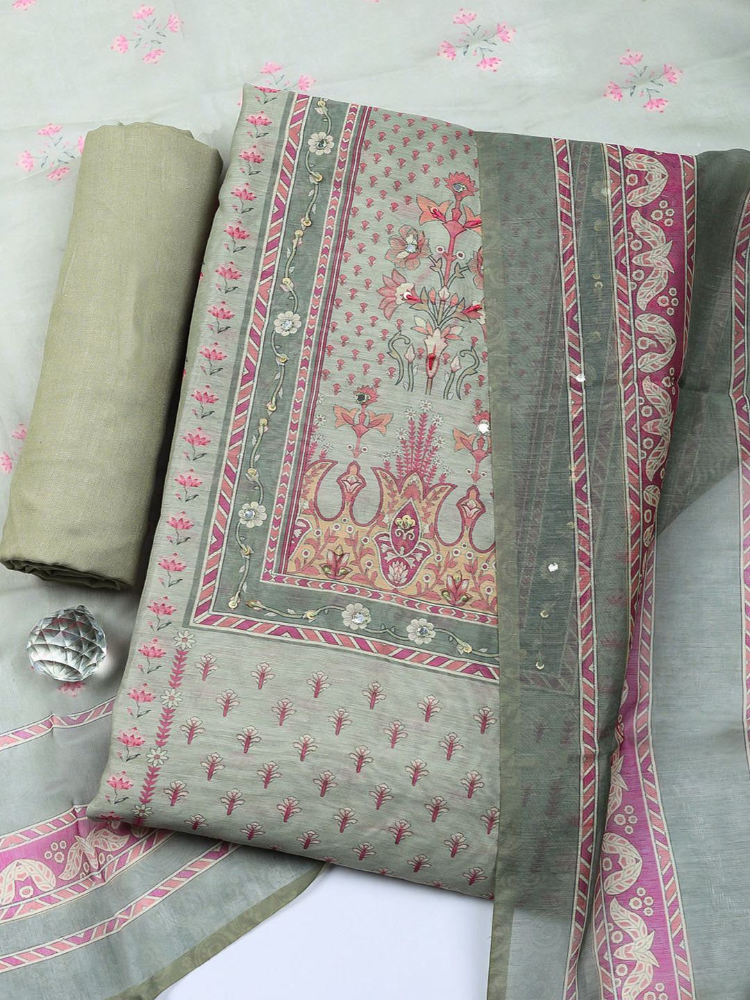 Embellished Chanderi Unstitched Suit With Pant &amp; Dupatta