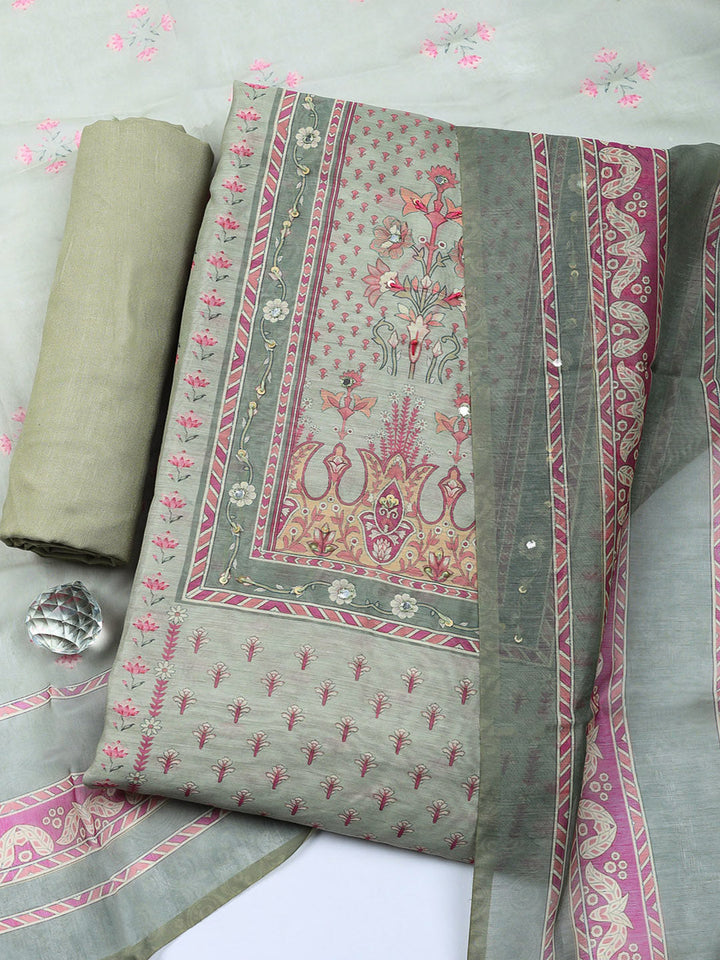 Embellished Chanderi Unstitched Suit With Pant &amp; Dupatta