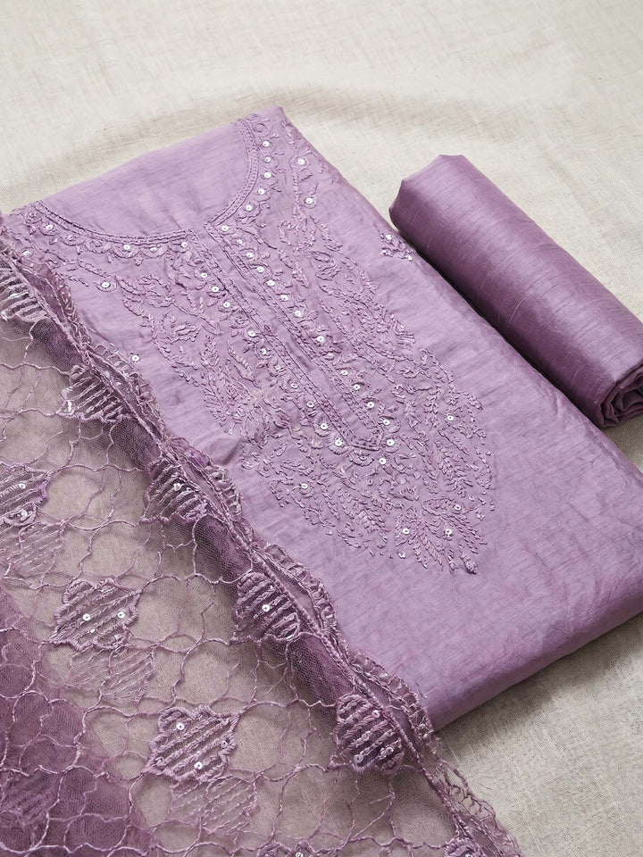 Neck Embroidered Chanderi Unstitched Suit With Dupatta