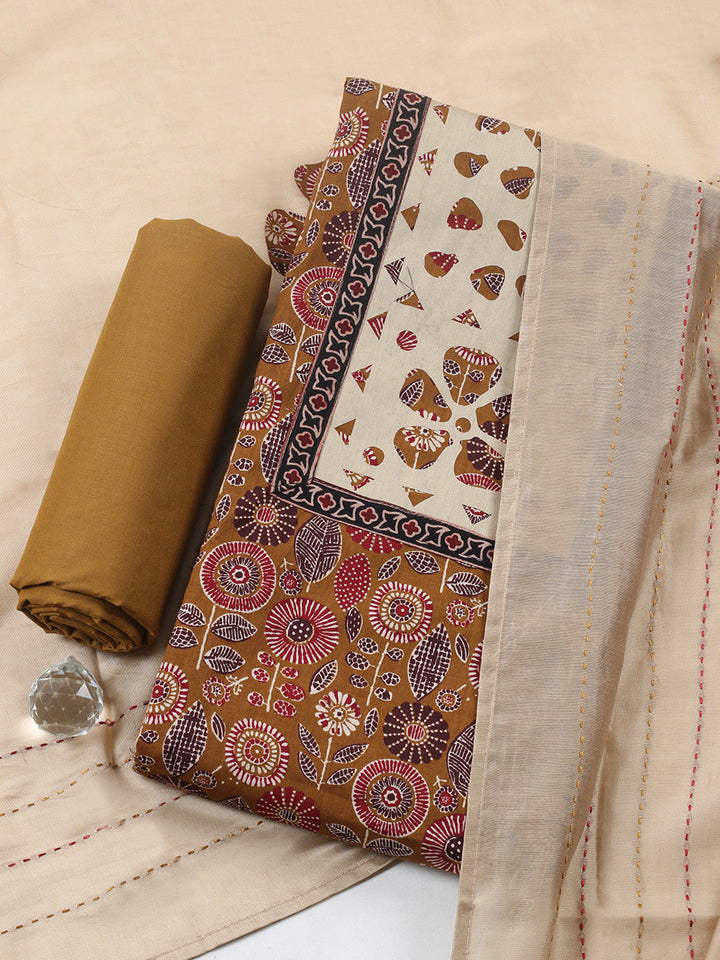 Embroidered, Cotton Blend Unstitched Suit With Pant &amp; Dupatta